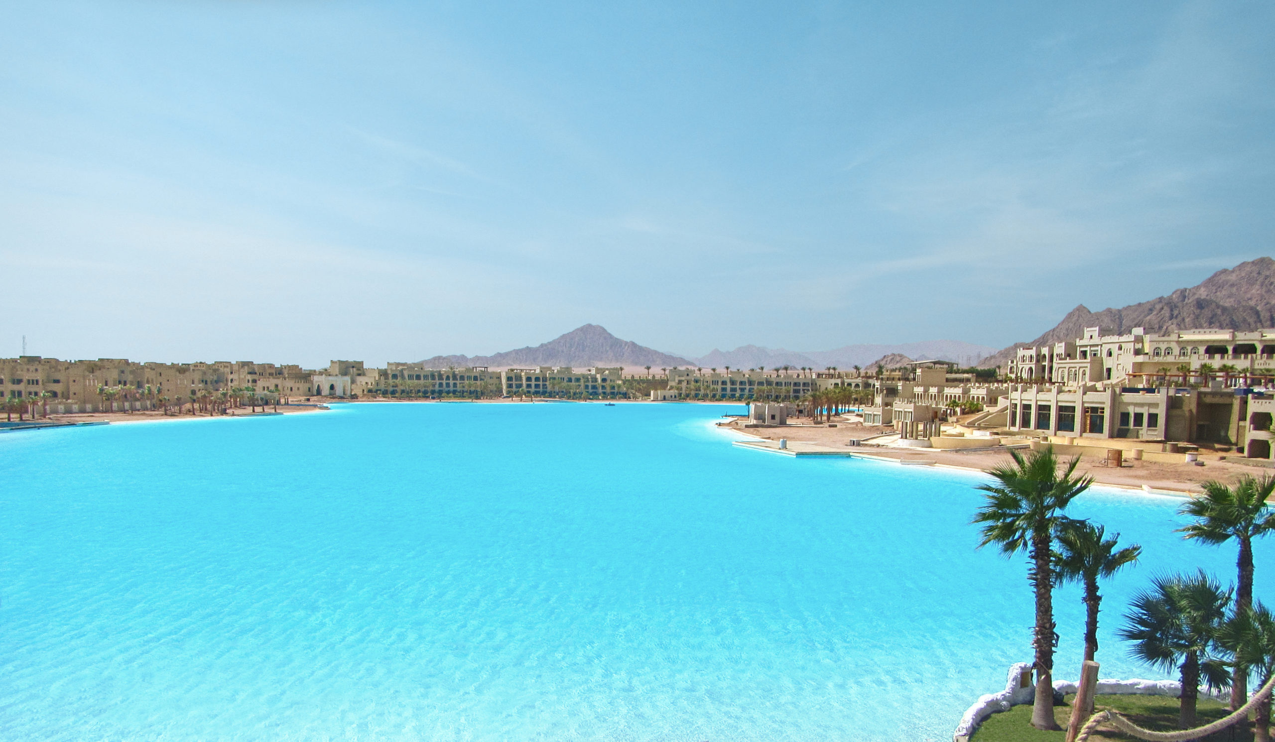 View of worlds largest crystalline lagoon by Crystal Lagoons, in Sharm el Sheik. The amenity holds the Guinness World Record since 2015