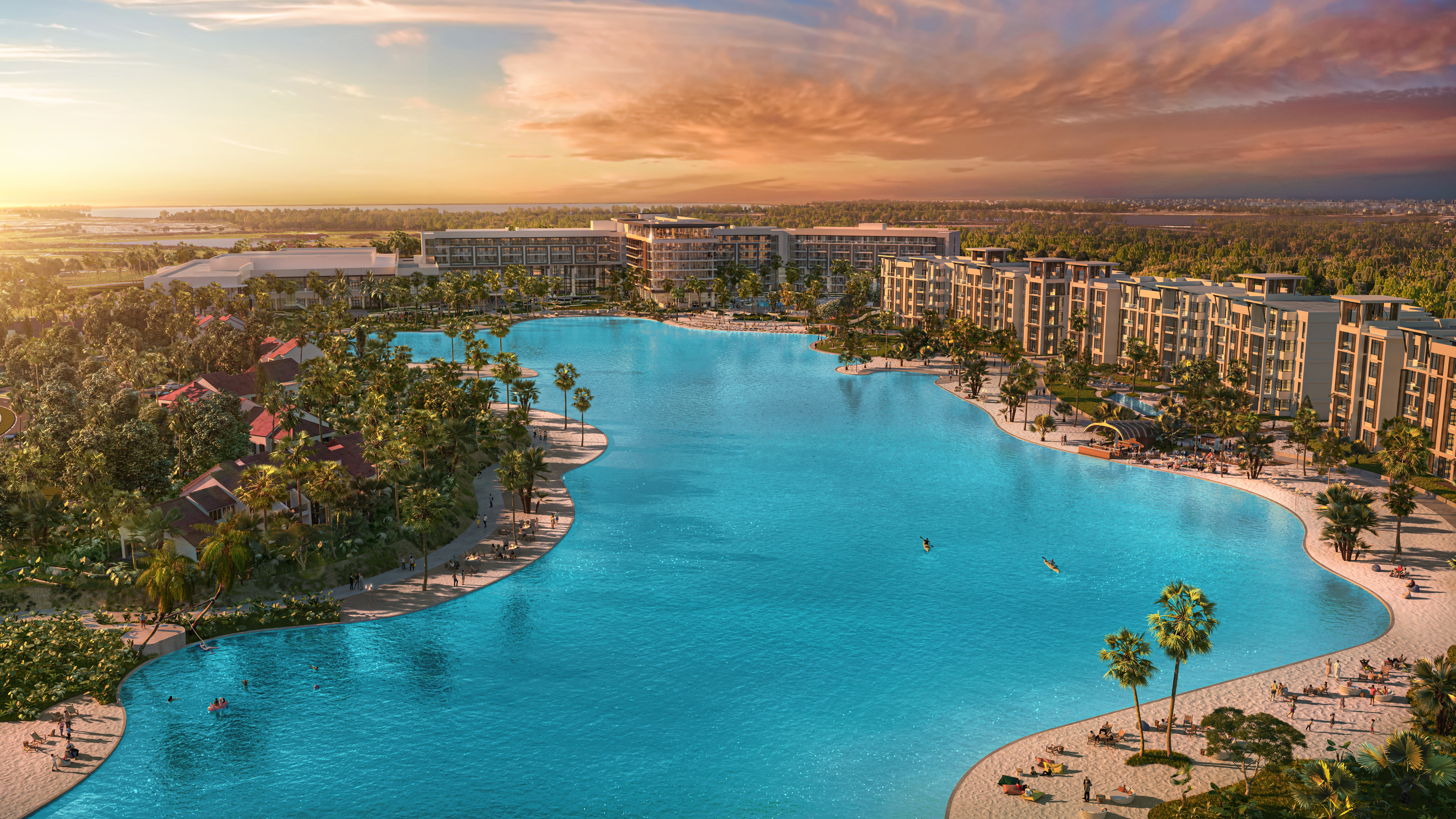 Aerial view of a large-scale lagoon by Crystal Lagoons® in the heart of Orlando, just steps from Disney World and Universal Orlando Resort. Surrounded by a hotel and palm trees.